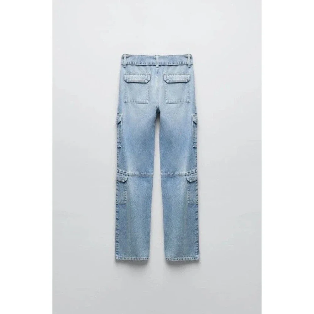Zara Women's Light Blue Denim Belted Cargo Jeans SZ 4